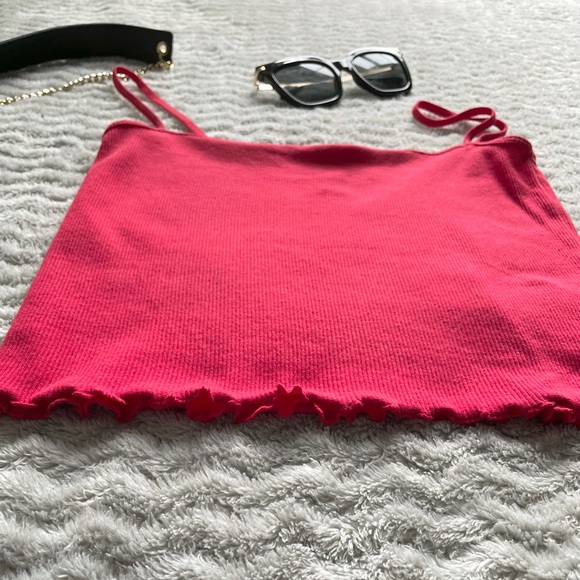 Red Spaghetti Strap Crop Top with Lettuce Edge - Picture 4 of 7